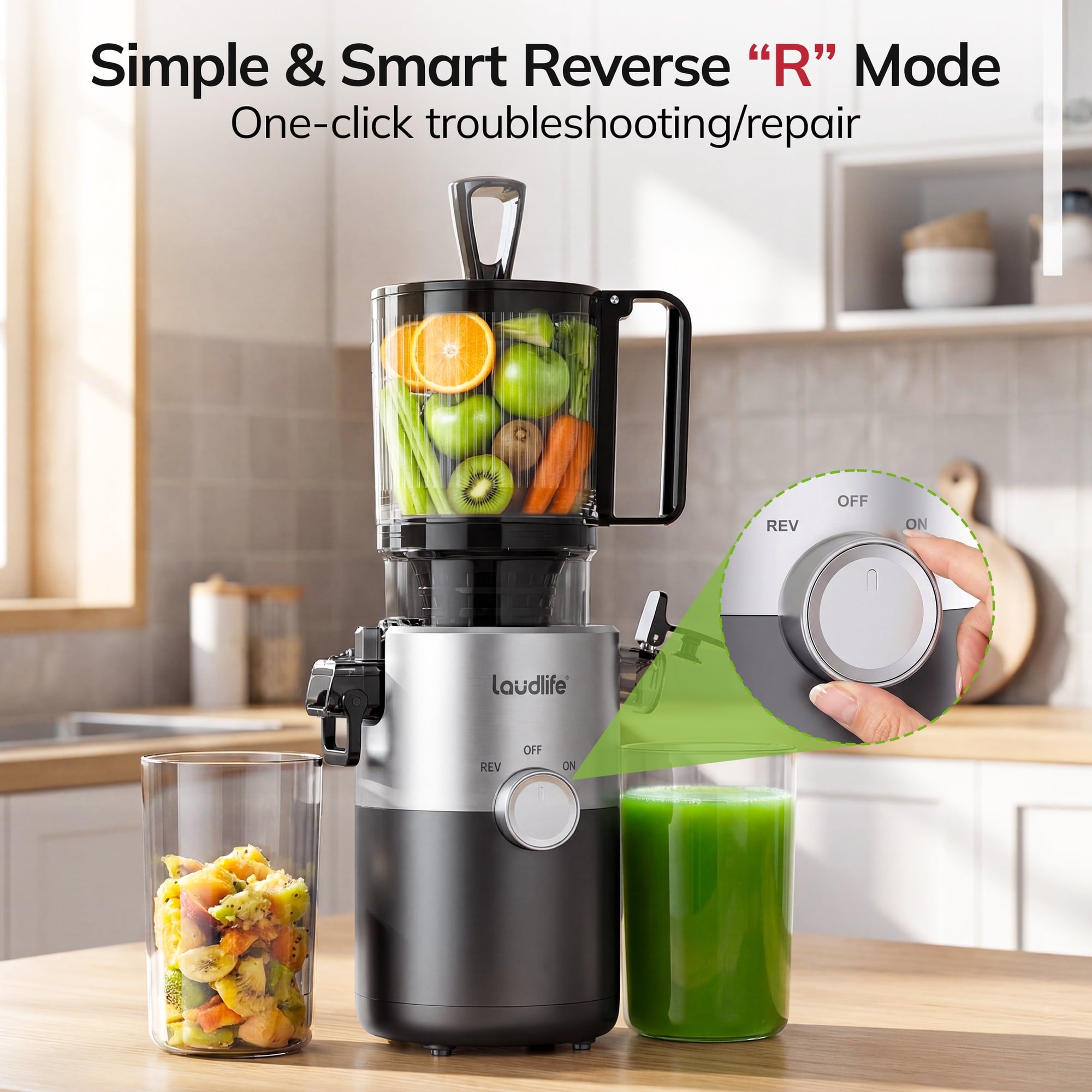 Cold Press Juicer, 5.4" Large Feed Chute Slow Masticating Juicer, High Juice Yield, Ultra Quiet, Easy Clean, BPA Free, Ideal Self-Feeding Juicer for Whole Fruits & Vegetables, Gray
